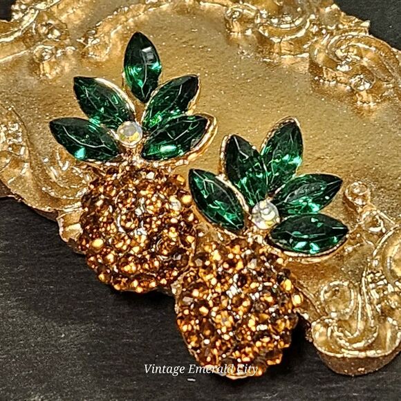 Women's Earrings Pineapple Earrings For Pierced Rhinestone Stud Green & Yellow - Picture 8 of 8